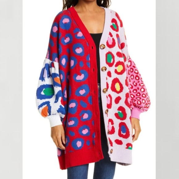 FARM Rio Sweaters - FARM RIO Leopard-intarsia Cotton Cardigan Multi Color Oversized Relaxed Long XS